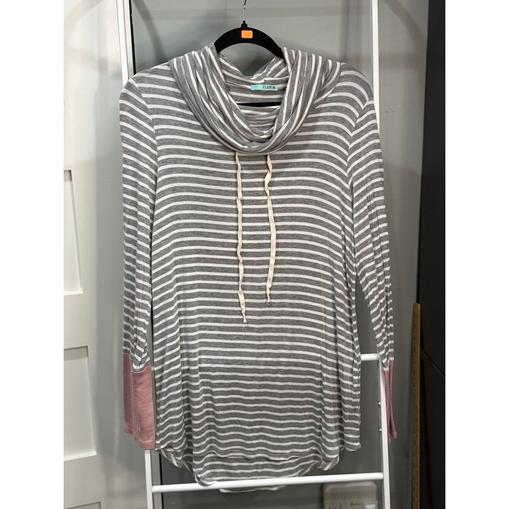 P.S. Kate Womens Grey White Striped Cowl Neck Tunic Top Pink Thumbhole Cuffs L
